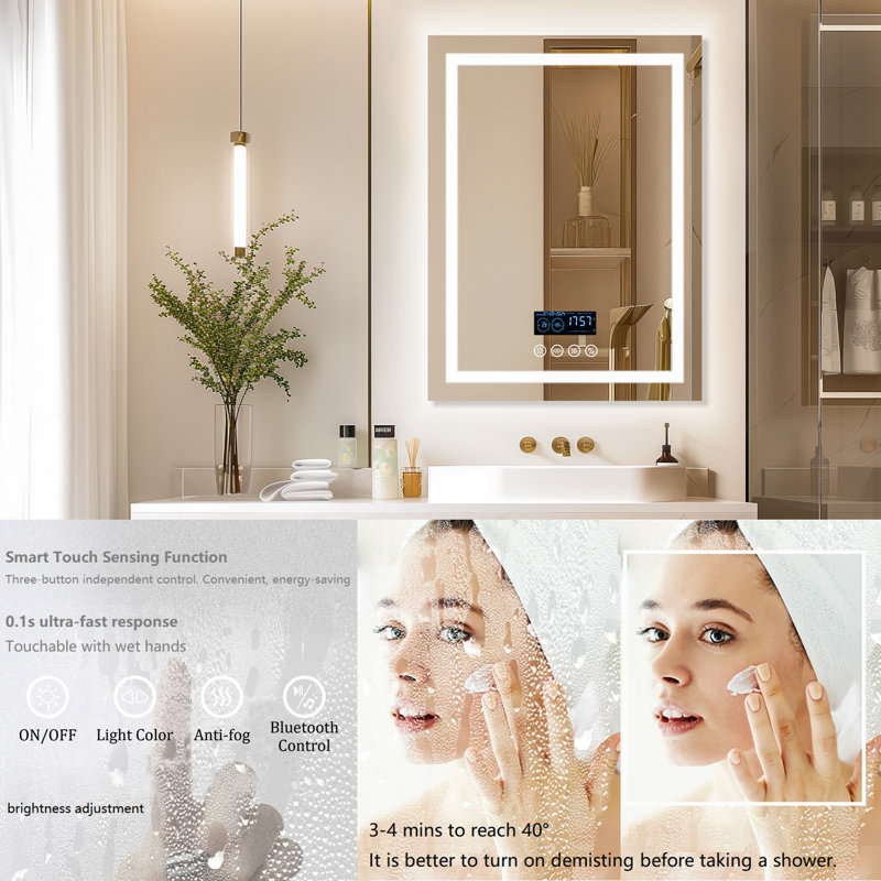 Ivy Bronx Led Bathroom Mirror With Lights Wall mounted With Bluetooth Speaker Time Date Display Anti fog 3 Color Temperature Dimmable Brightness Ip65 Waterproof Tempered Glass Frontlit Backlit Wayfair